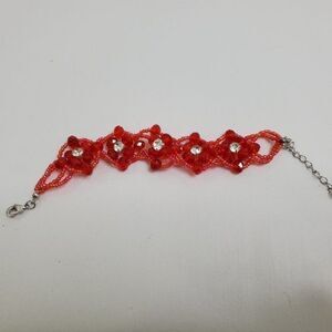 Red Beaded Bracelet Weave Silver‎ Tone Floral Rhine